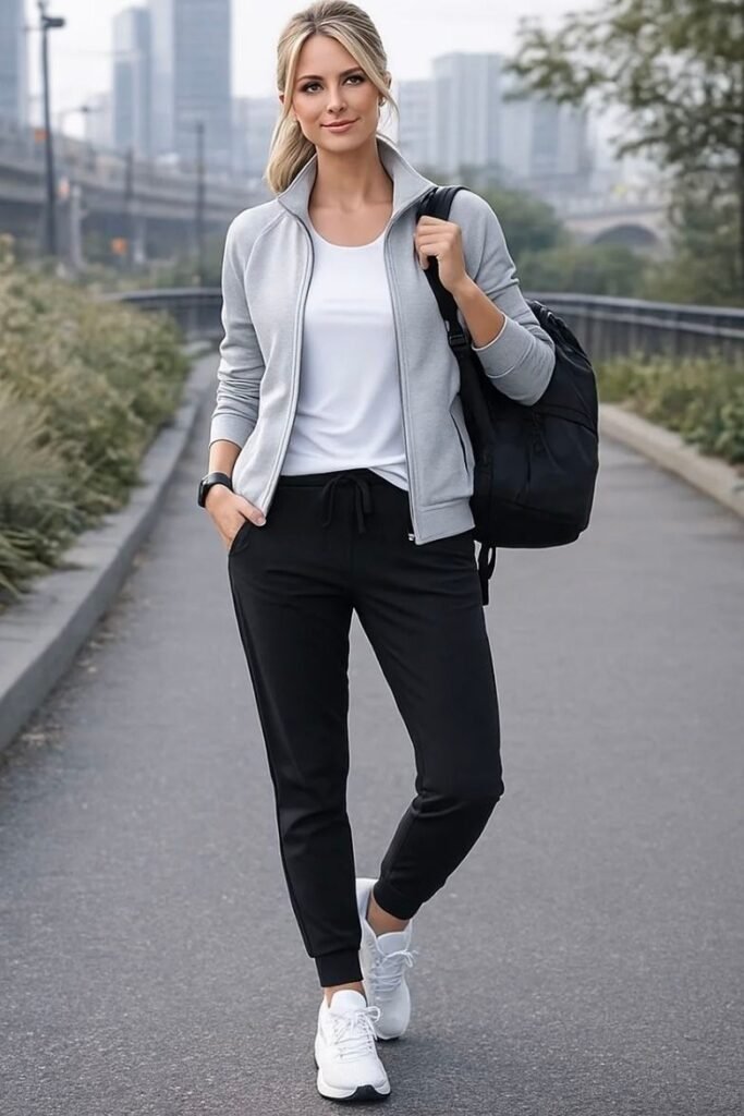 Light Grey Zip Up Jacket + White T Shirt + Black Joggers + White Sneakers