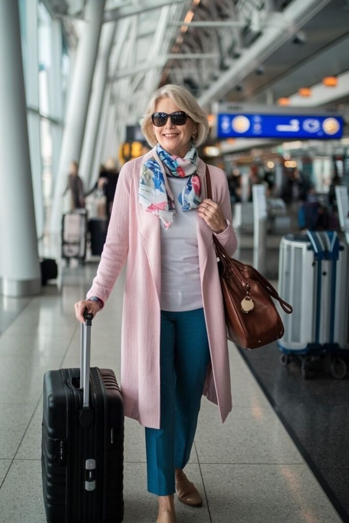 Light Pink Duster Coat + White Crewneck Tee + Teal Trousers + Tan Pointed Flats