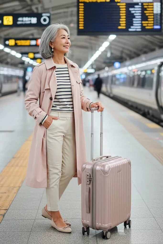 Light Pink Trench Coat + Navy and White Striped Sweater + Cream Trousers + Beige Bow Flats