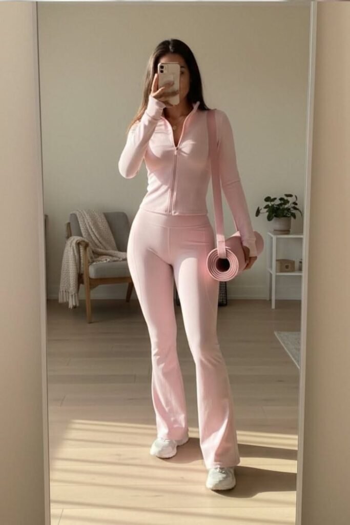 Light Pink Zip Up Jacket + Light Pink Flare Leggings + White Sneakers