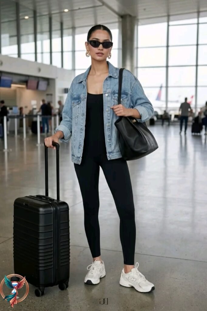 Light Wash Denim Jacket + Black Form Fitting Jumpsuit + White Athletic Sneakers