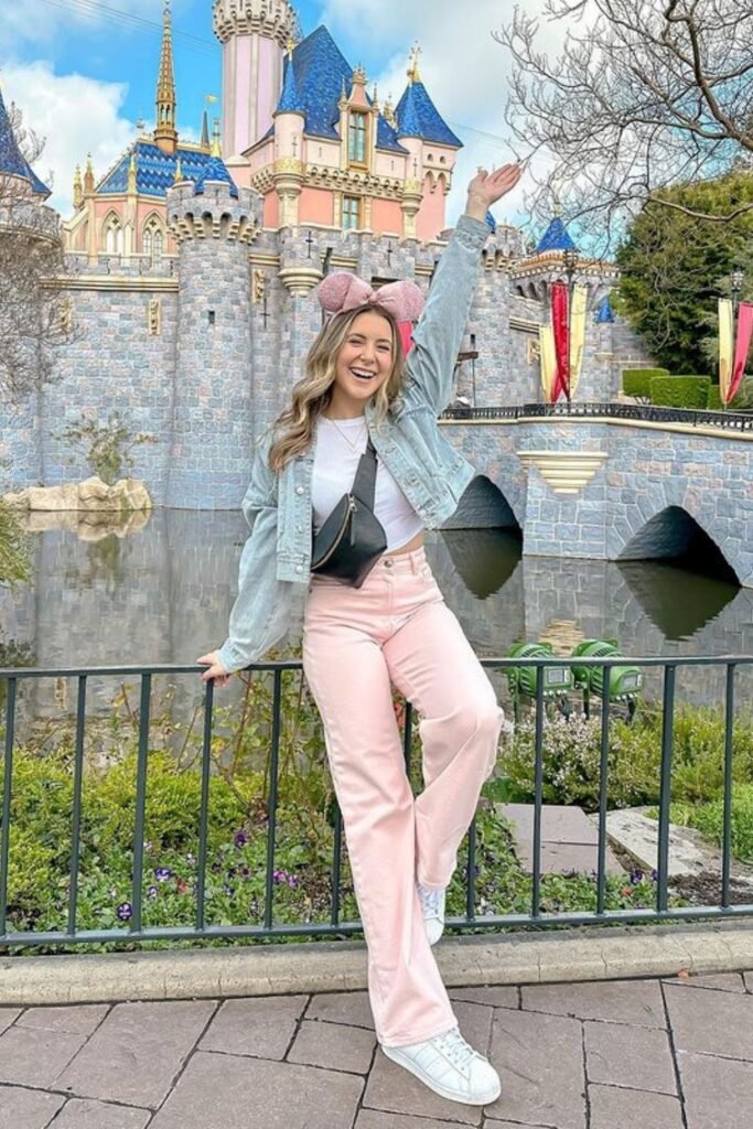 Light Wash Denim Jacket + Pink High Waisted Trousers + White Sneakers