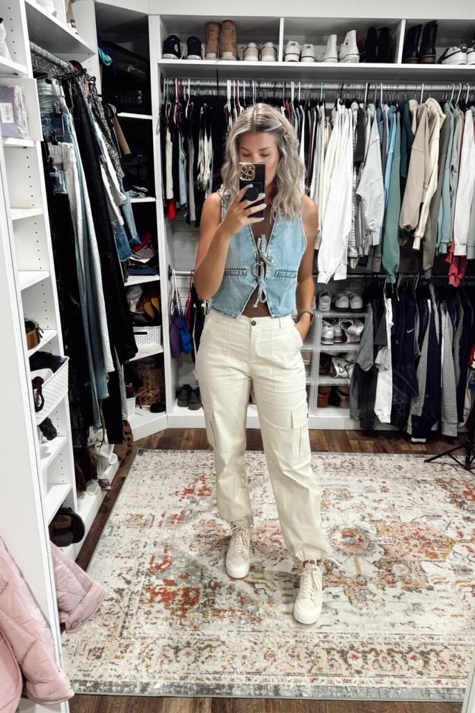Light Wash Denim Tie Front Vest + Off White Cargo Pants + Cream High Top Sneakers