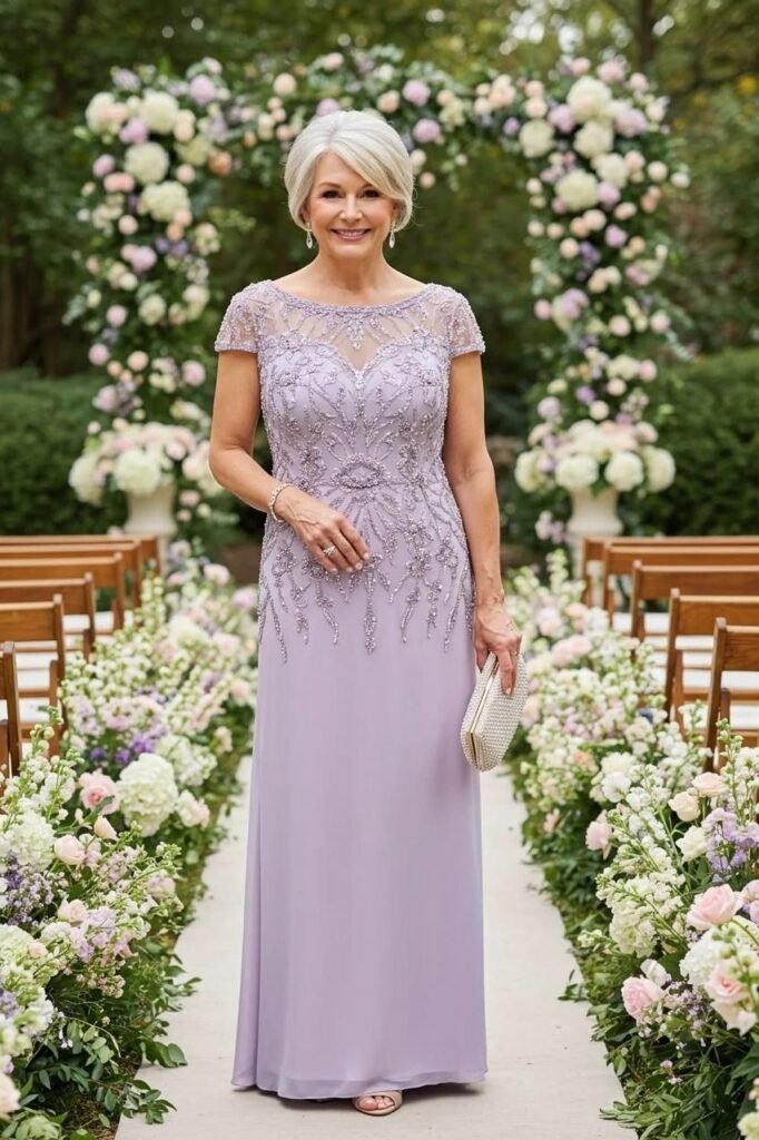 Lilac Floor-Length Gown with Intricate Silver Beading + White Pearl Clutch + Nude Sandals