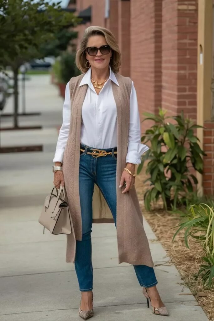 Long Beige Knit Vest + White Button Down Shirt + Slim Blue Jeans + Snakeskin Pumps