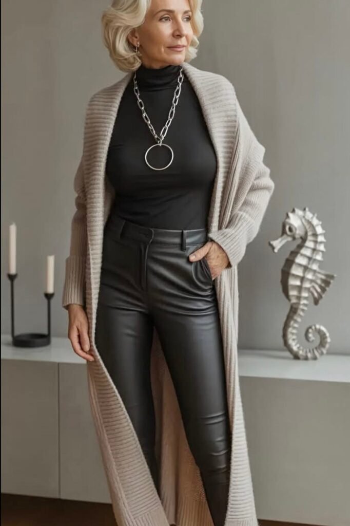 Long Beige Ribbed Cardigan + Black Turtleneck + Black Faux Leather Pants + Chunky Silver Necklace