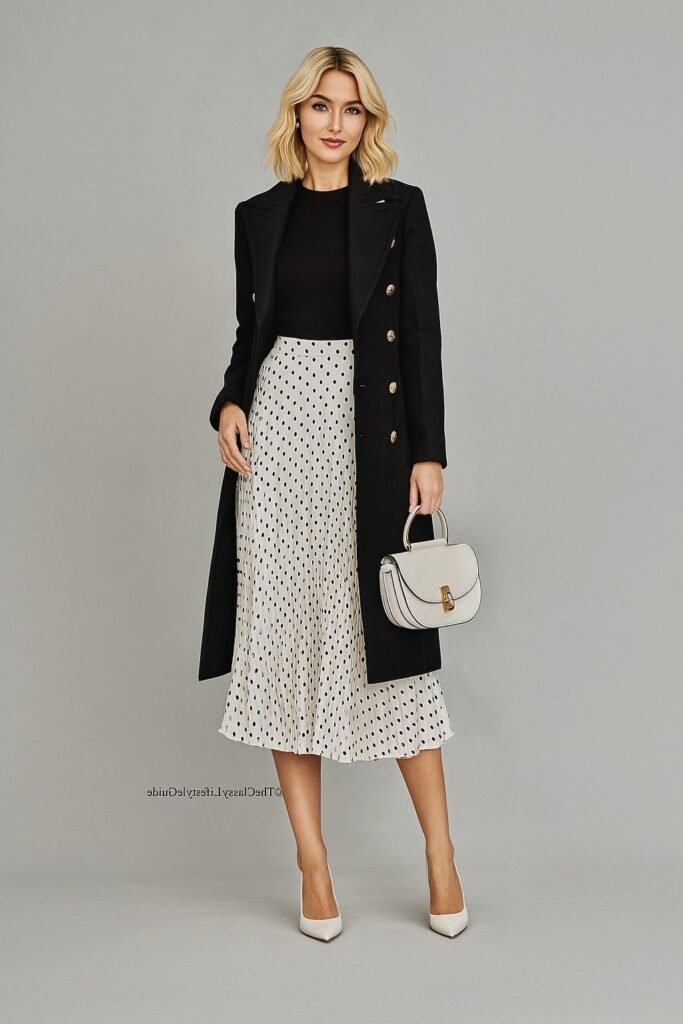 Long Black Double-Breasted Coat + Black Mock Neck Top + Polka Dot Pleated Skirt + White Pumps