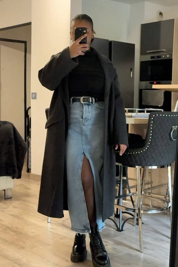 Long Dark Grey Wool Coat + Black Turtleneck + Denim Maxi Skirt with Front Slit + Chunky Black Lace Up Boots