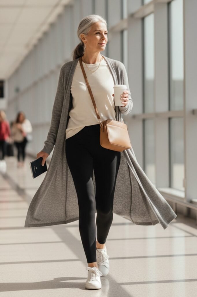 Long Grey Cardigan + White T Shirt + Black Leggings + White Sneakers