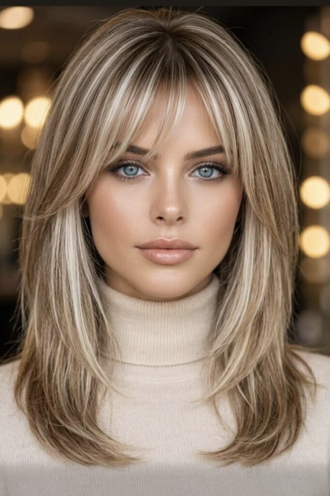 Long Layered Hair with Slim Curtain Bangs and Cool Highlights