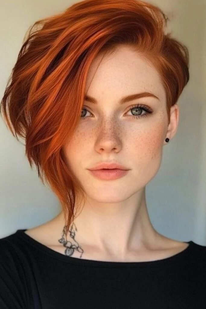 75. Long Pixie Cut with Side-Swept Vibrant Red Layers
