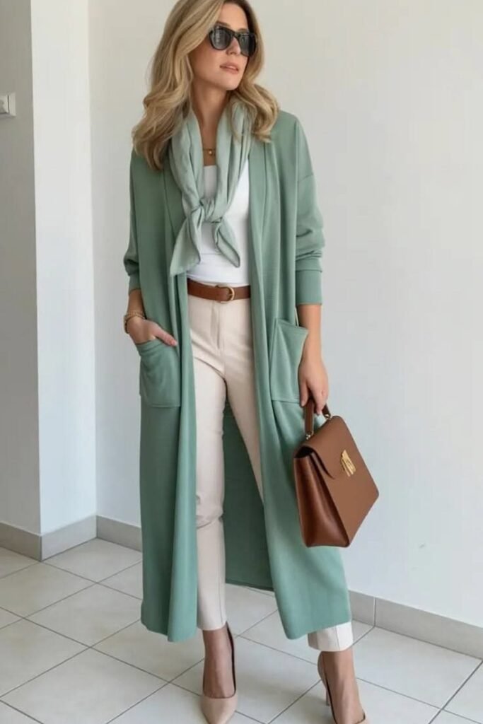 Long Sage Green Cardigan + Matching Scarf + Cream Trousers + Nude Pointed Toe Heels