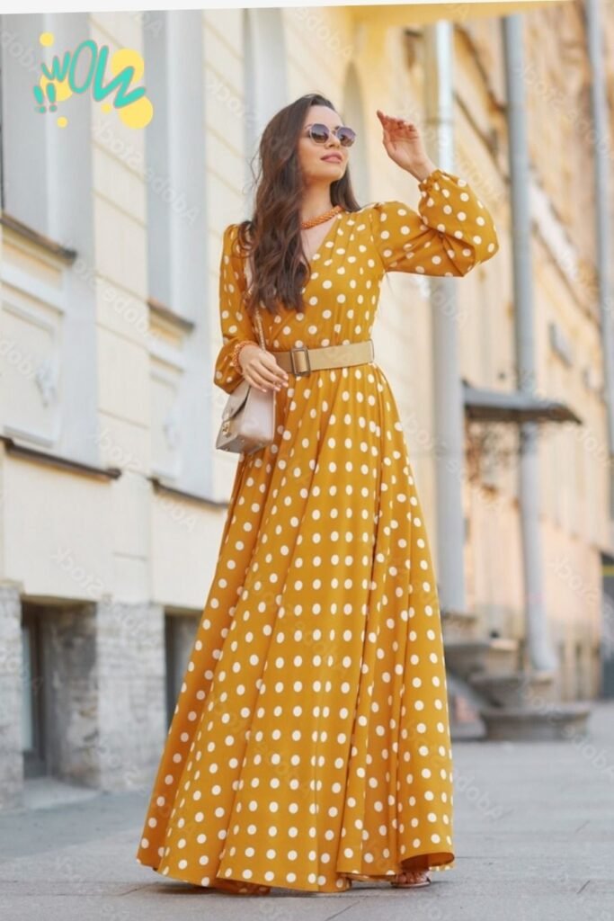 Long-Sleeved Mustard Polka Dot Maxi Dress + Tan Waist Belt + Beige Shoulder Bag