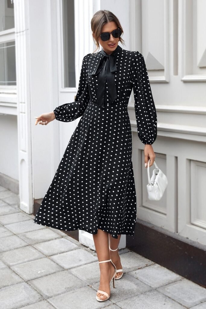 Long Sleeved Polka Dot Midi Dress with Pussy Bow + White Mini Bag + White Strappy Sandals
