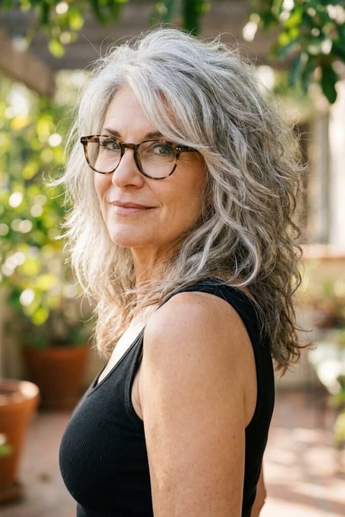 Long Voluminous Shag with Natural Cascading Waves and Side Bangs