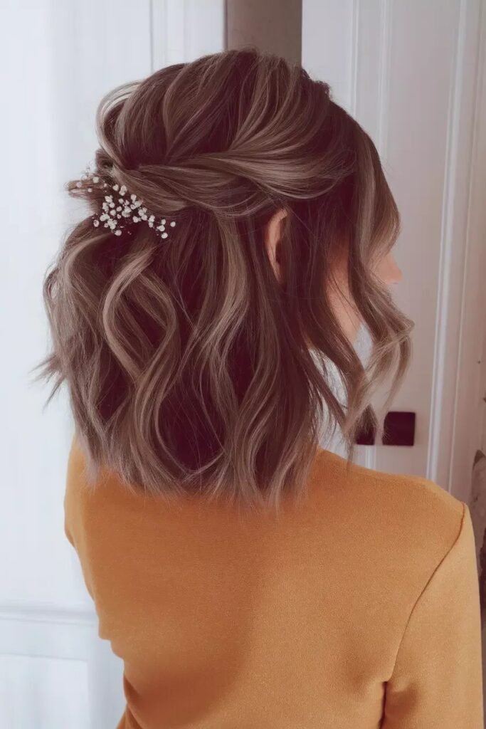 Loose Wavy Half-Up Style with Baby's Breath Floral Detail