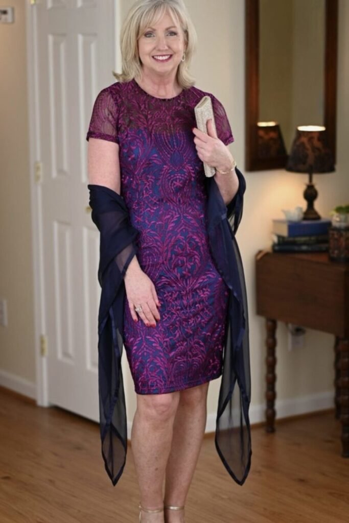 Magenta and Navy Lace Sheath Dress + Navy Chiffon Shawl + Gold Minimalist Heels