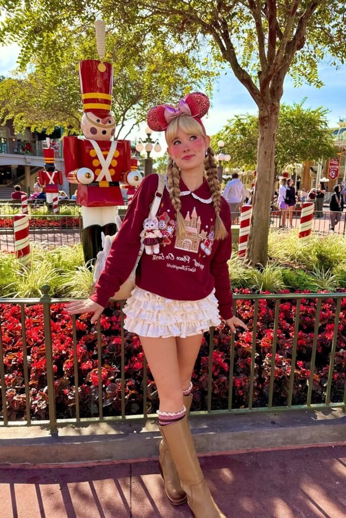 Maroon Christmas Sweatshirt + Cream Ruffled Tiered Mini Skirt + Tan Knee High Boots