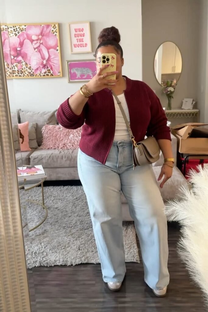 Maroon Ribbed Cardigan + White T Shirt + Light Wash Wide Leg Jeans + White Sneakers