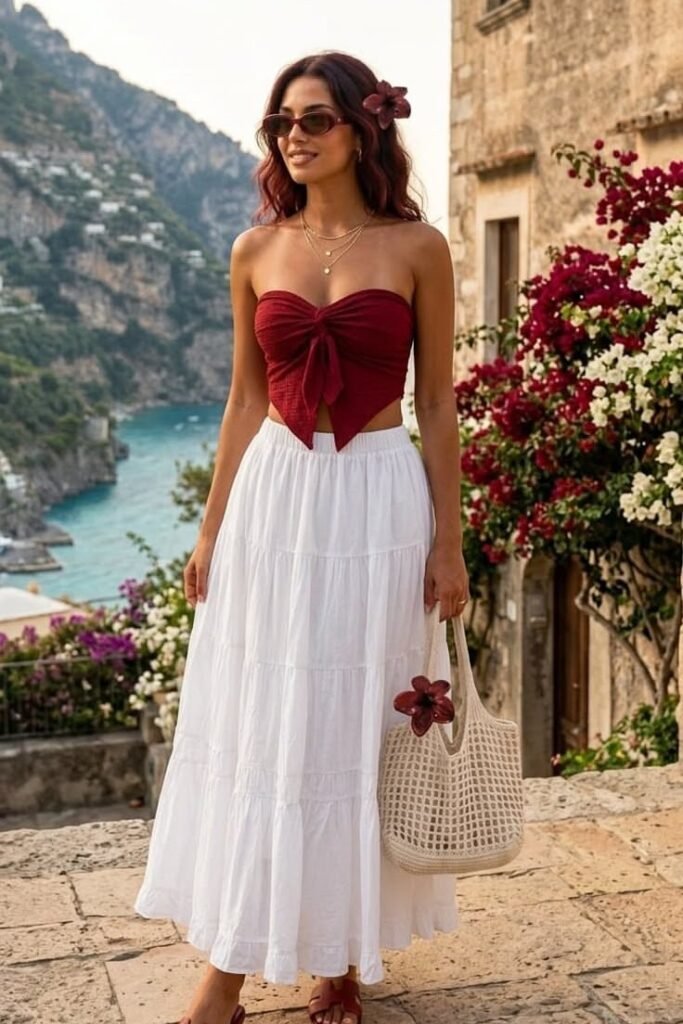 Maroon Tie Front Strapless Top + White Tiered Maxi Skirt + Brown Sandals