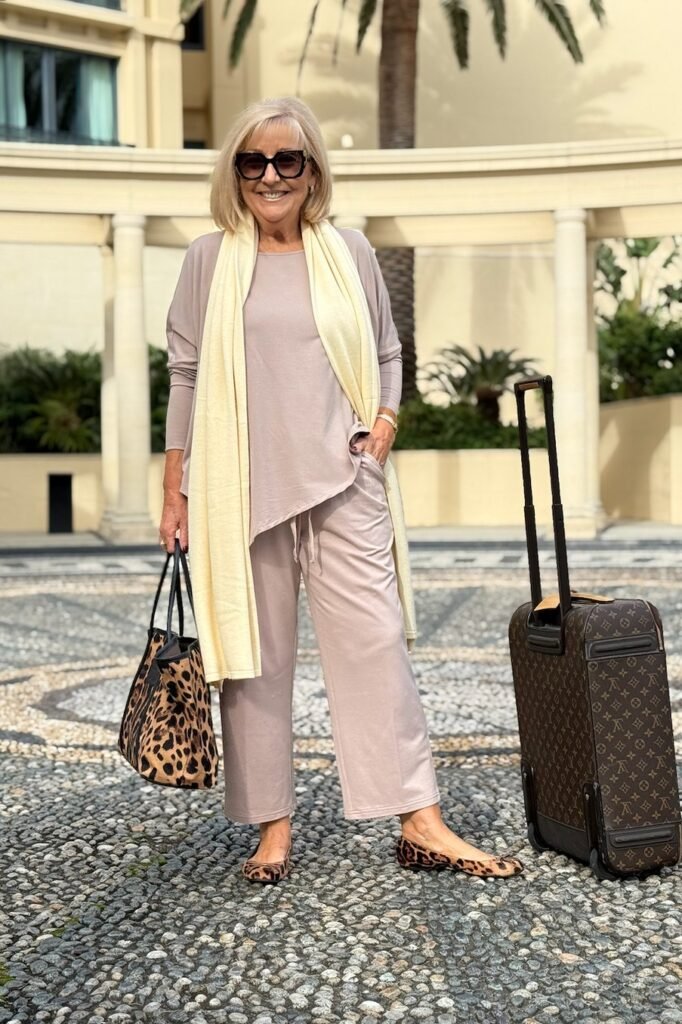 Mauve Asymmetric Tunic and Pant Set + Pale Yellow Scarf + Leopard Print Flats