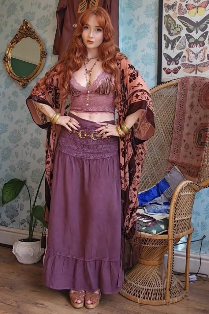 Mauve Lace Bralette + Patterned Bohemian Kimono + Plum Maxi Skirt