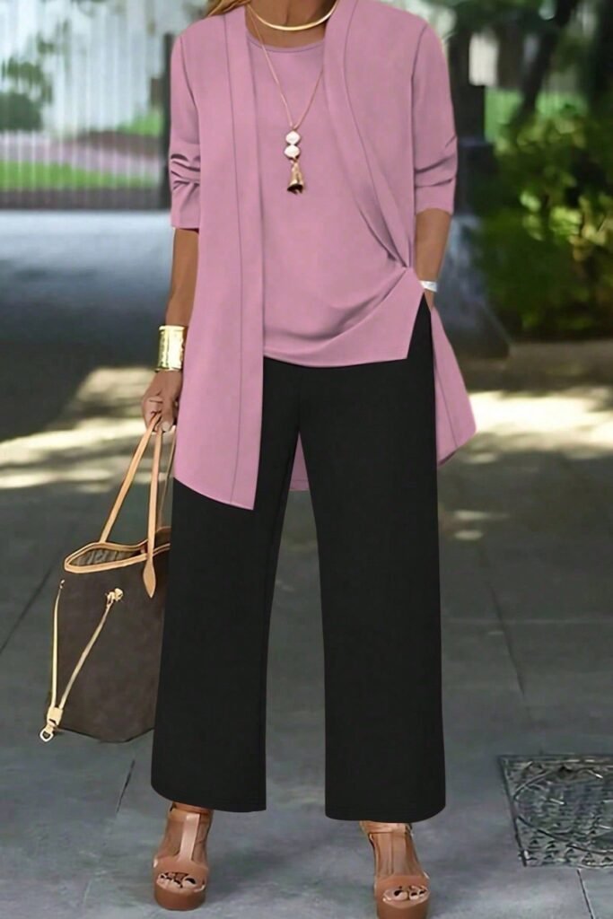 Mauve Longline Cardigan + Matching Top + Black Wide-Leg Trousers + Tan Platform Sandals