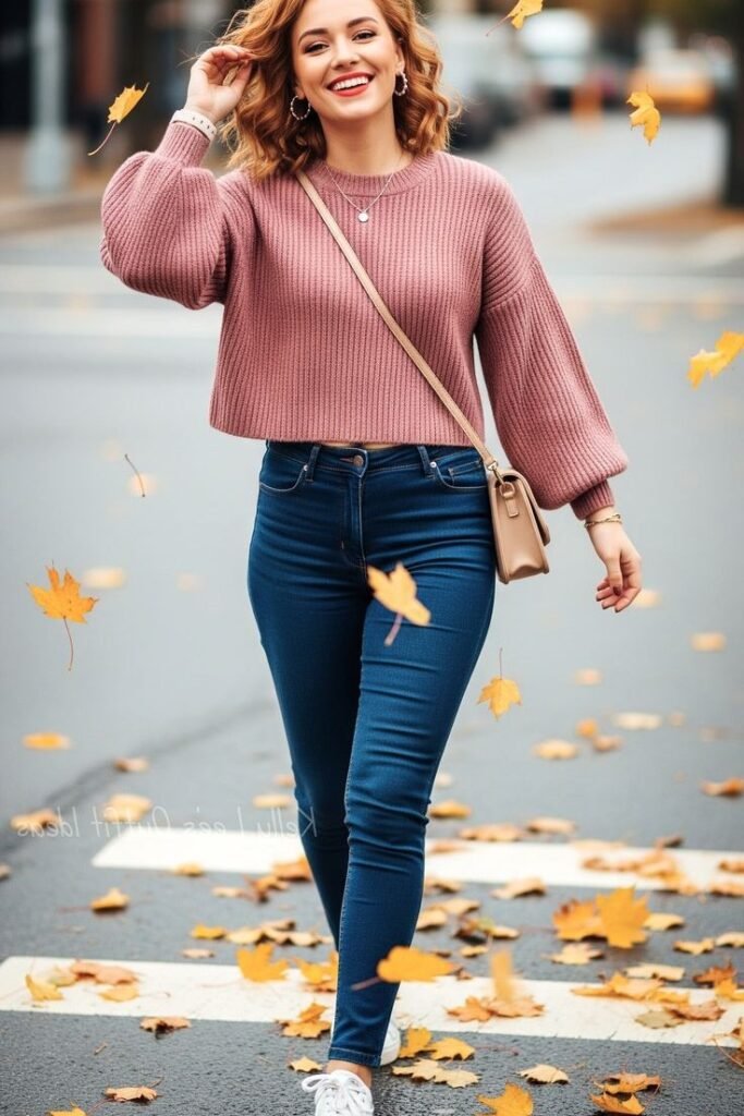 Mauve Ribbed Crop Sweater + Dark Wash Skinny Jeans + White Sneakers