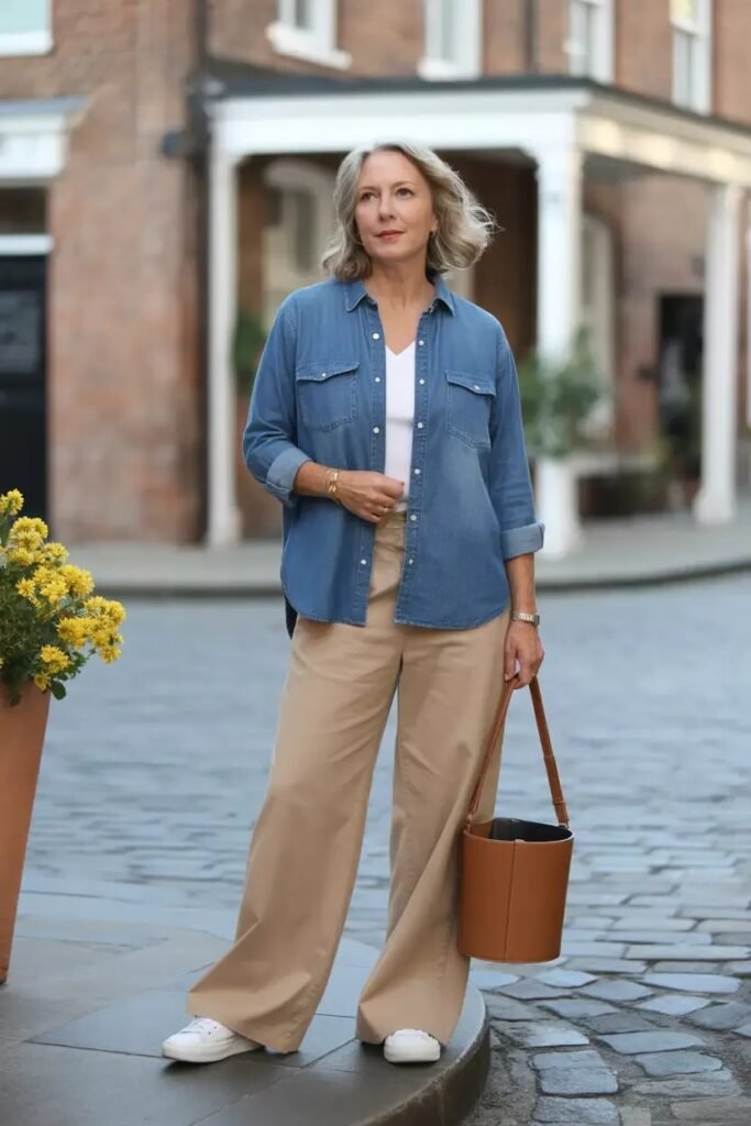 Medium Wash Denim Shirt + White V-Neck Tee + Khaki Wide-Leg Chinos + White Leather Sneakers