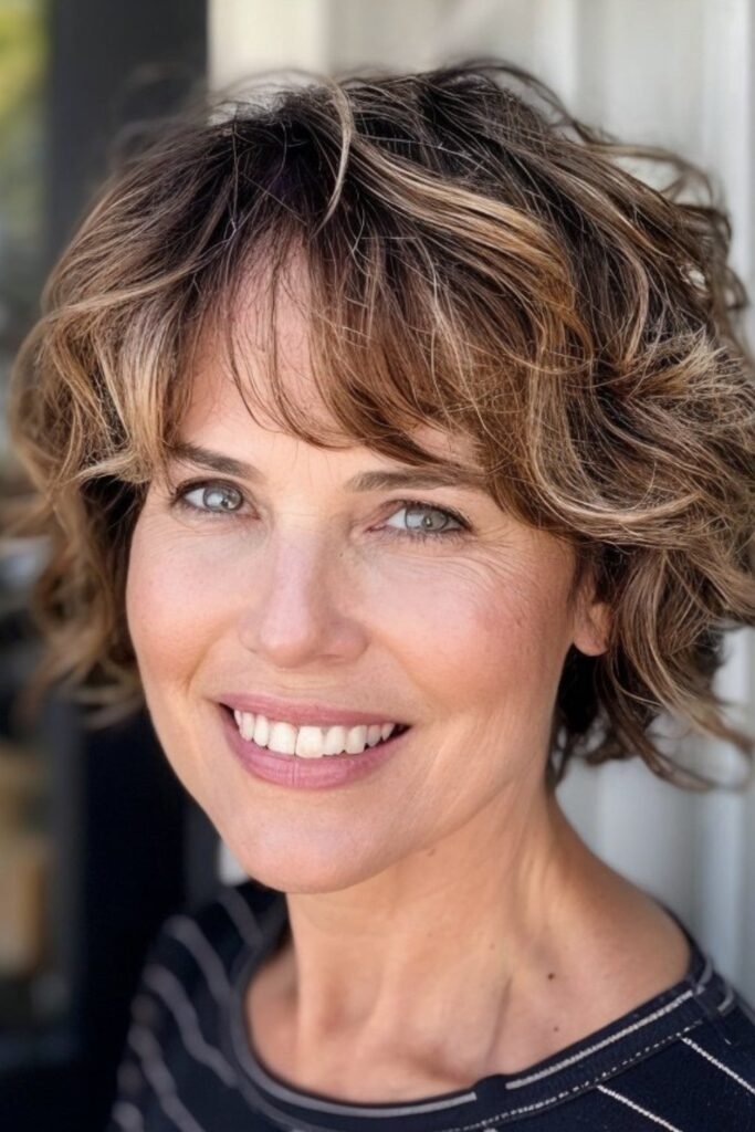 Messy Curls with Layered Curtain Bangs