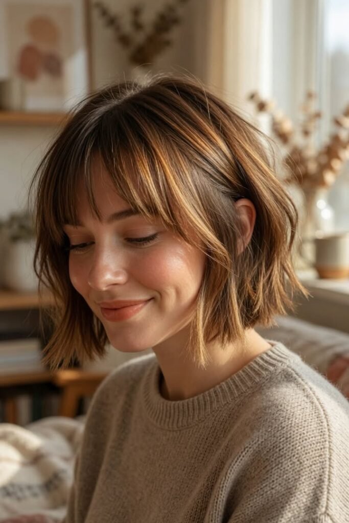 Messy Honey-Blonde Bob with Wispy Bangs