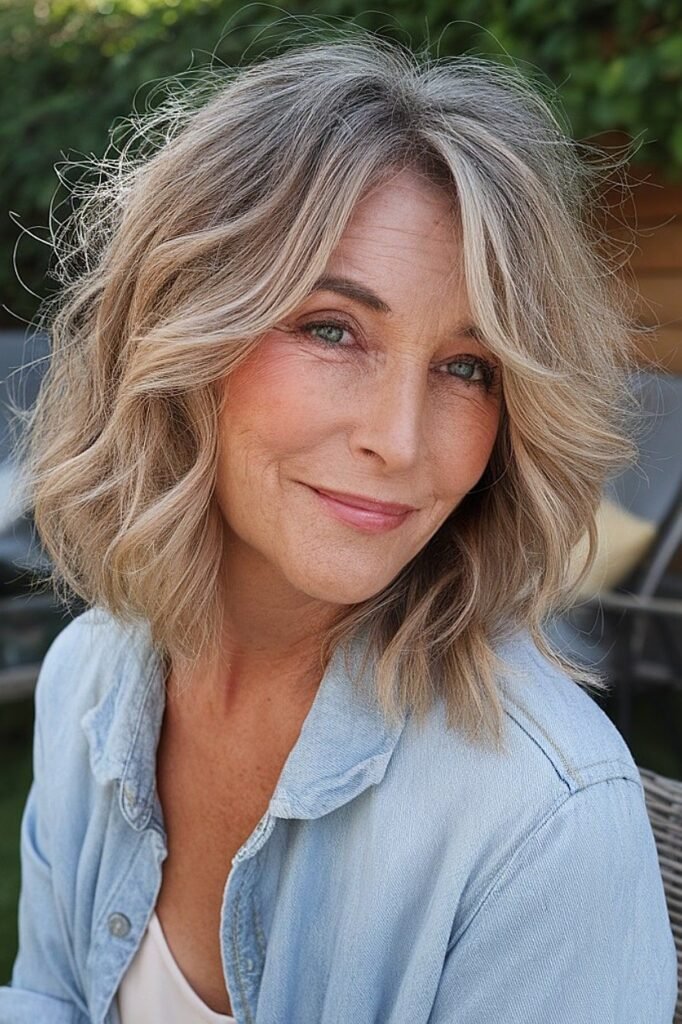 Messy Shoulder-Length Waves with Sun-Kissed Highlights