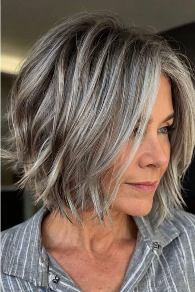 Messy Silver Bob with High-Contrast Highlights