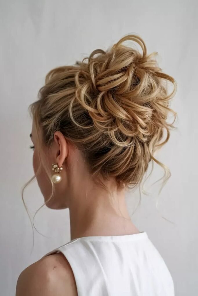 Messy Textured High Bun with Loose Curls