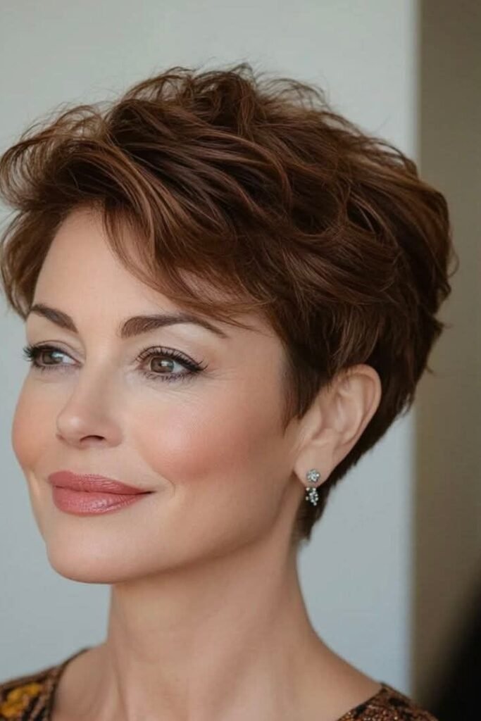 Messy Textured Pixie in Warm Brunette Tones