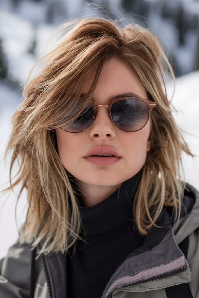 40. Messy Textured Shoulder Length Hair with Curtain Bangs