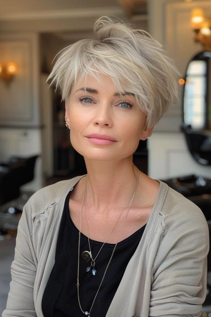 48. Messy Textured Silver Crop with Piece-Y Bangs