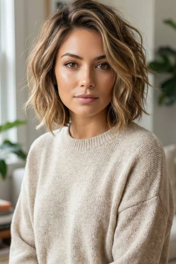 Messy Wavy Bob with Caramel Highlights and Side Part