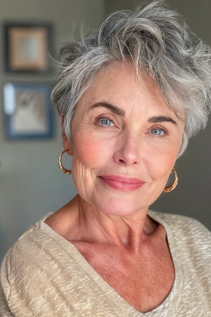 Messy Wavy Pixie with Natural Gray Highlights