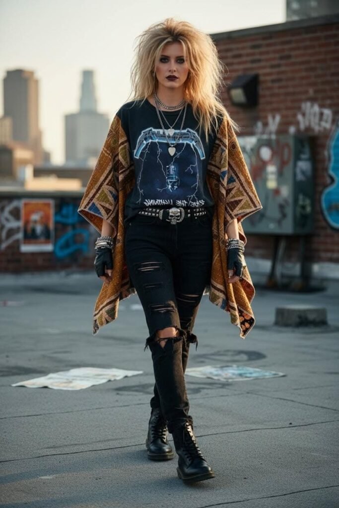 Metallica Graphic Tee + Patterned Boho Poncho + Distressed Black Skinny Jeans + Black Combat Boots