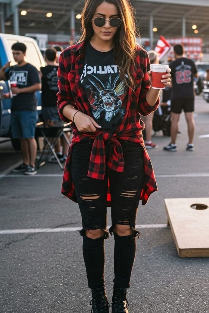Metallica Graphic Tee + Red Plaid Flannel + Distressed Black Skinny Jeans + Black Lace Up Boots