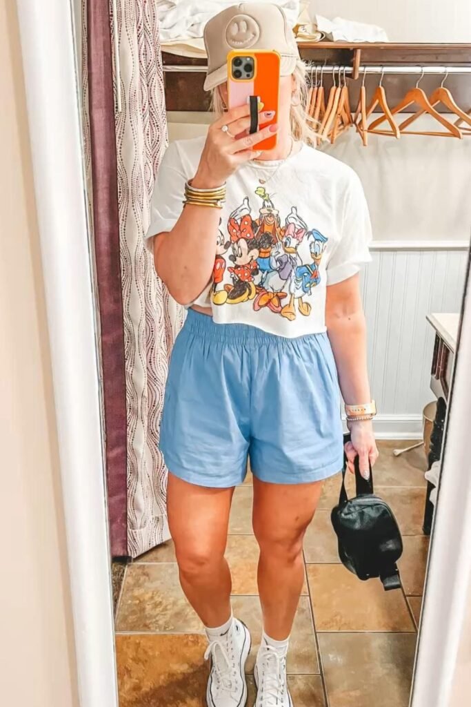 Mickey & Friends Graphic Cropped T Shirt + Light Blue Athletic Shorts + White High Top Sneakers