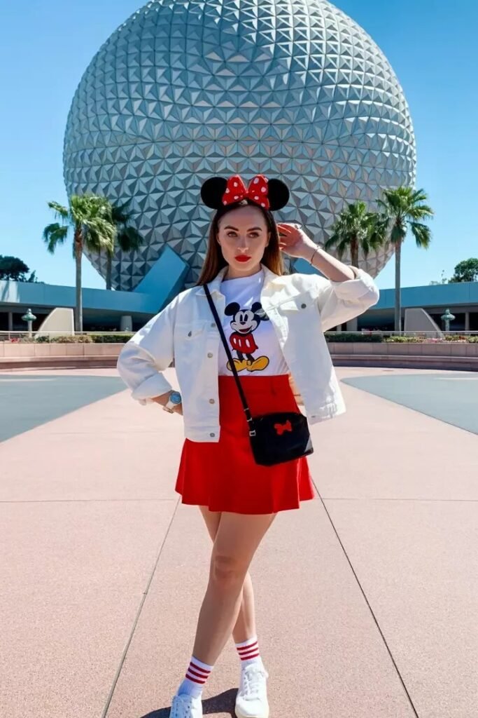 Mickey Mouse Graphic Tee + Bright Red Mini Skirt + White Sneakers