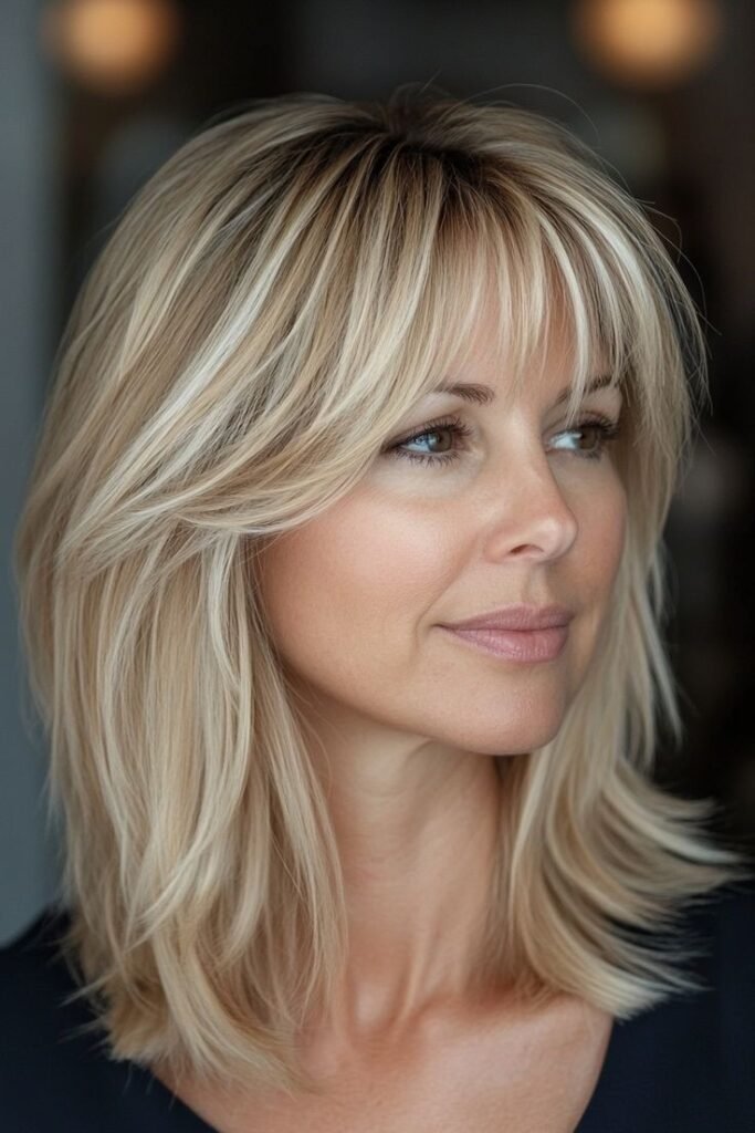 Mid-Length Layered Cut with Full Curtain Bangs