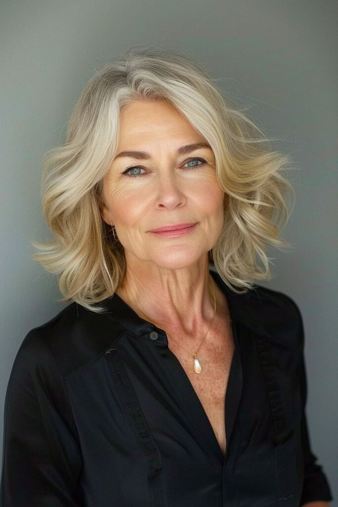 Mid-Length Lob with Soft Waves and Curtain Bangs