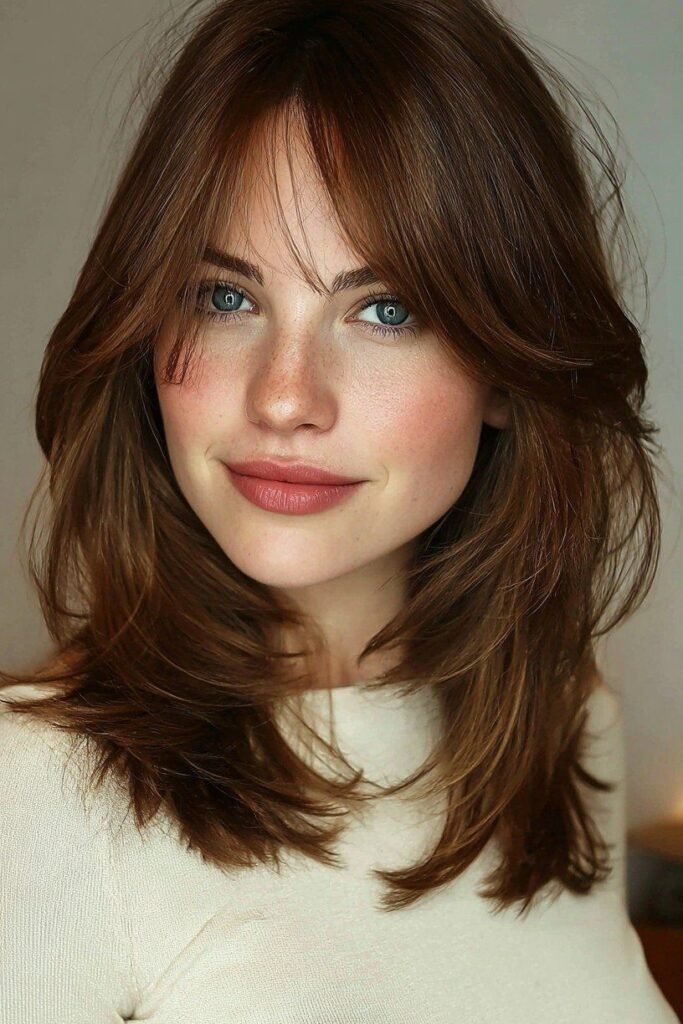 Mid-Length Voluminous Layers with Curtain Bangs