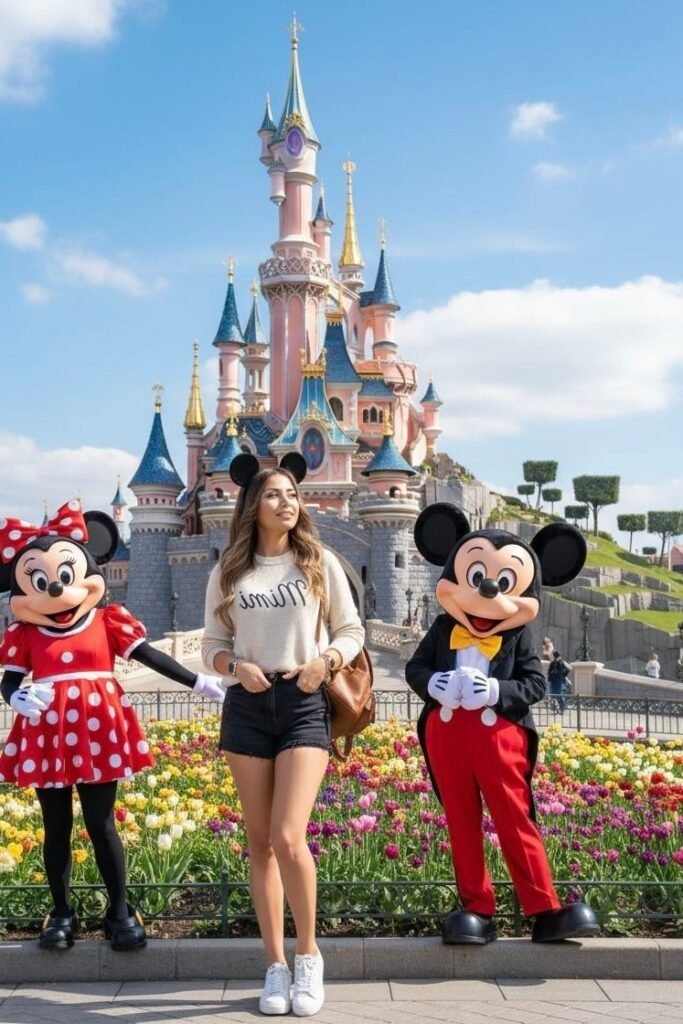 Minnie Script Sweater + Black Denim Shorts + Brown Leather Backpack + White Low Top Sneakers