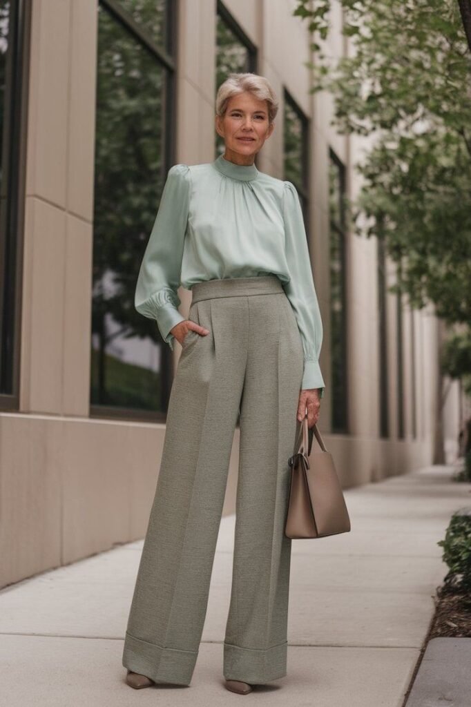 Mint Green Satin Blouse + Sage Green Wide Leg Trousers + Taupe Leather Handbag