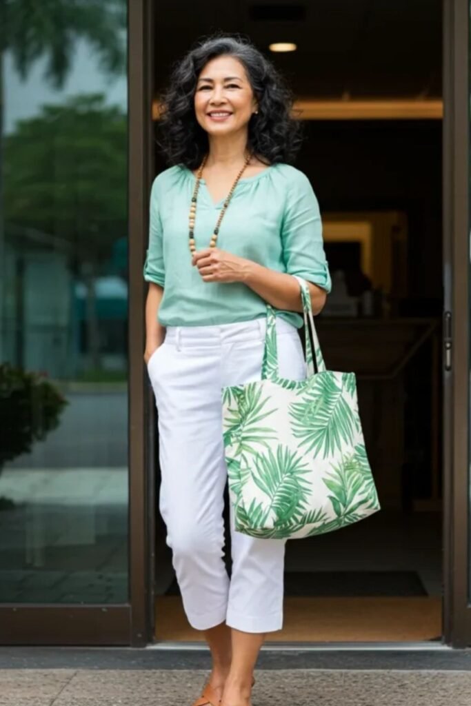 Mint Green V Neck Blouse + White Cropped Trousers + Tropical Print Tote Bag