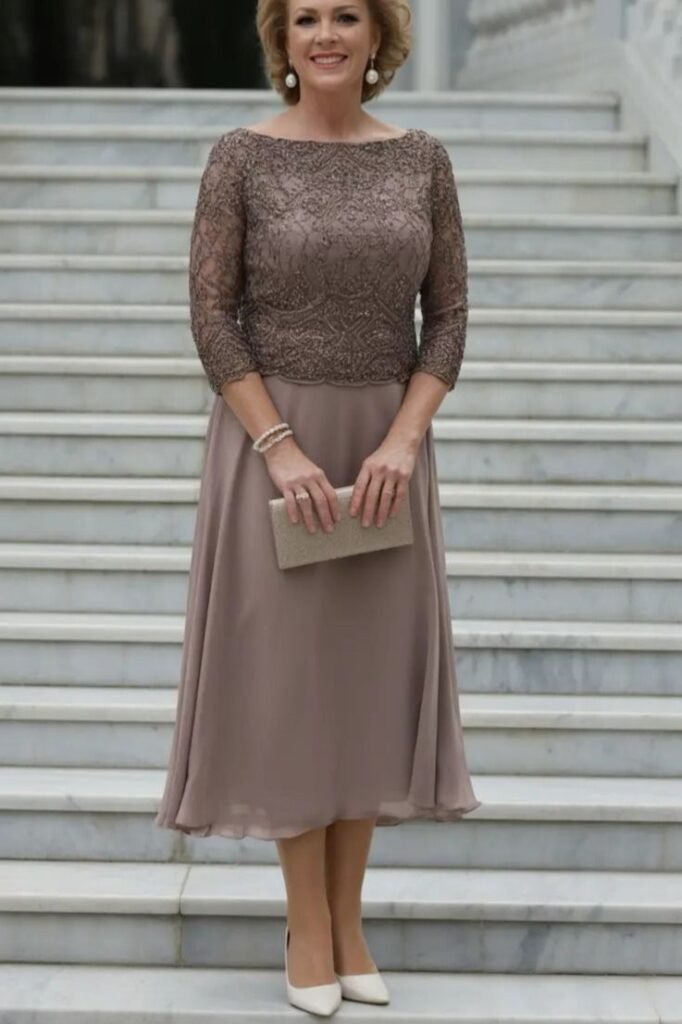 Mocca Lace Bodice Midi Dress + Chiffon Skirt + Gold Sparkle Clutch